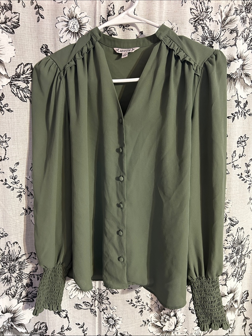 Nanette Lepore Olive Green Button-Front Puff Sleeve Blouse